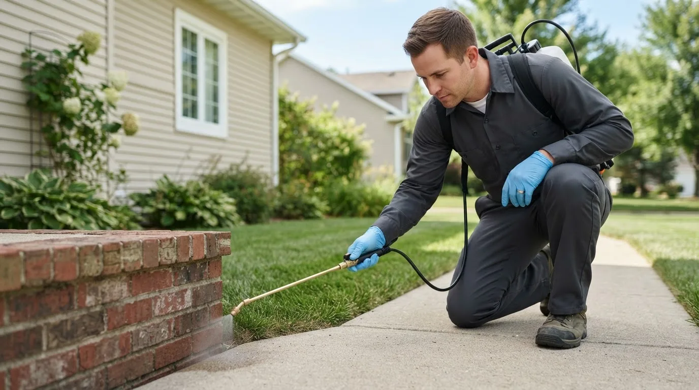 Pest control technician treating a home near Freehold, NJ